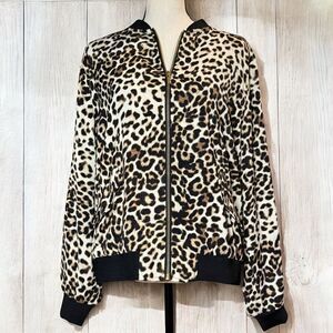 Susan Graver Large Lightweight Bomber Jacket Zip Front Leopard Print Pockets